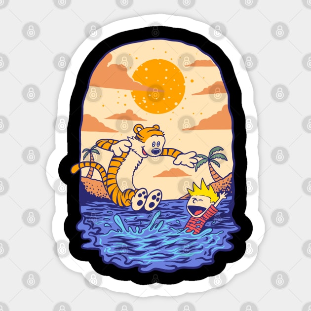 Calvin and Hobbes Swimming Sticker by soggyfroggie
